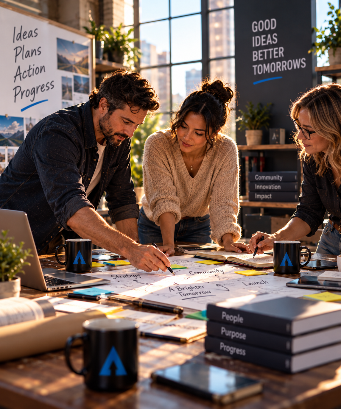 Three collaborators actively planning and creating together over a worktable with mugs and materials