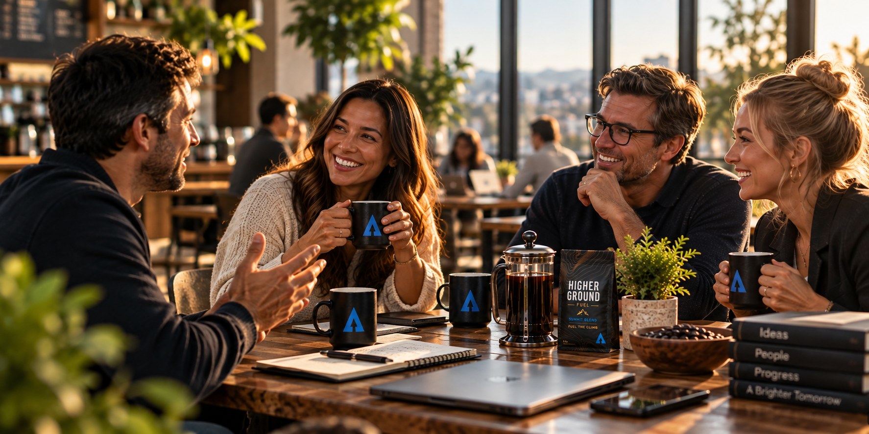 Four people sharing Higher Ground coffee and ideas around a café table