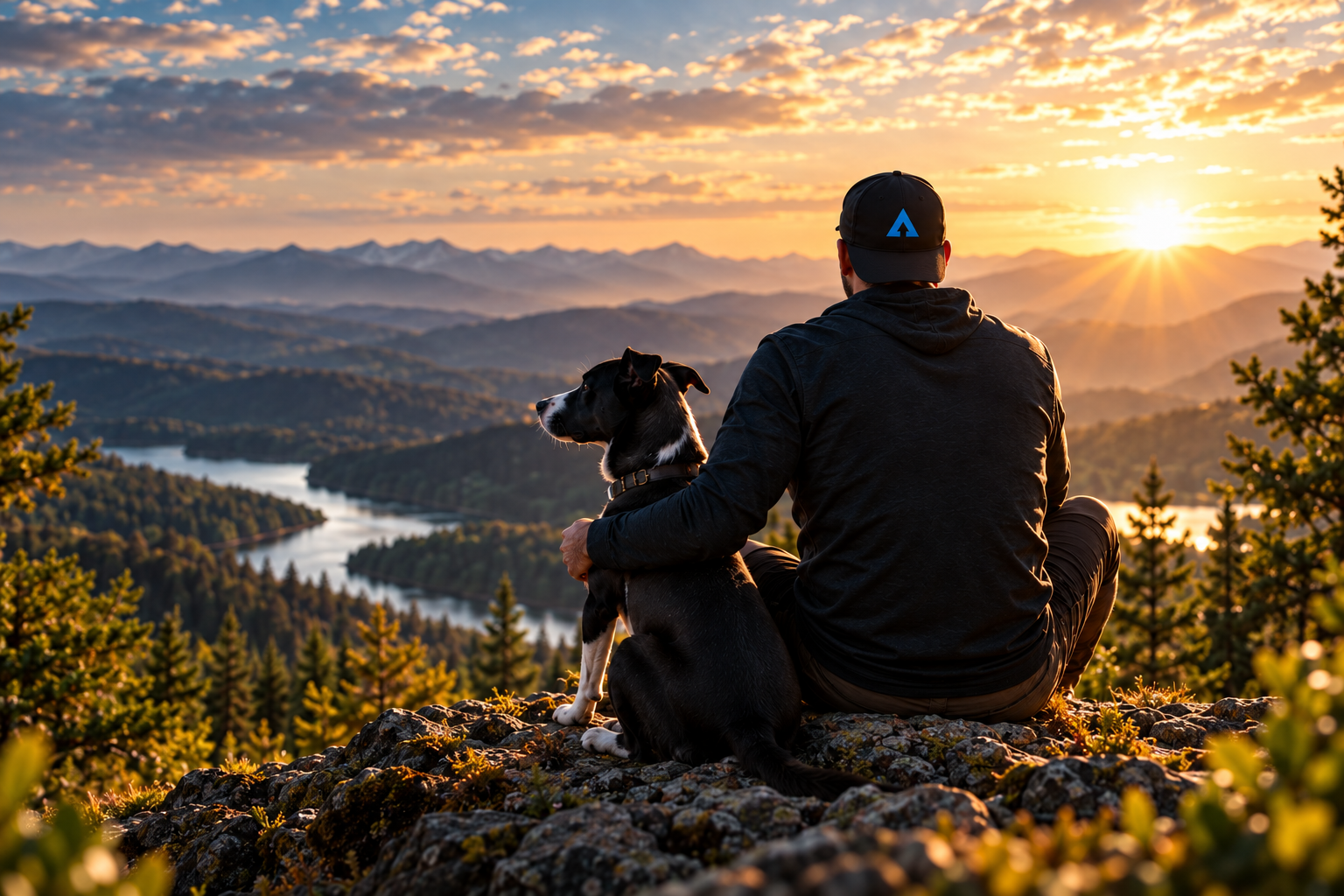 A person and their dog watching sunrise over a mountain valley