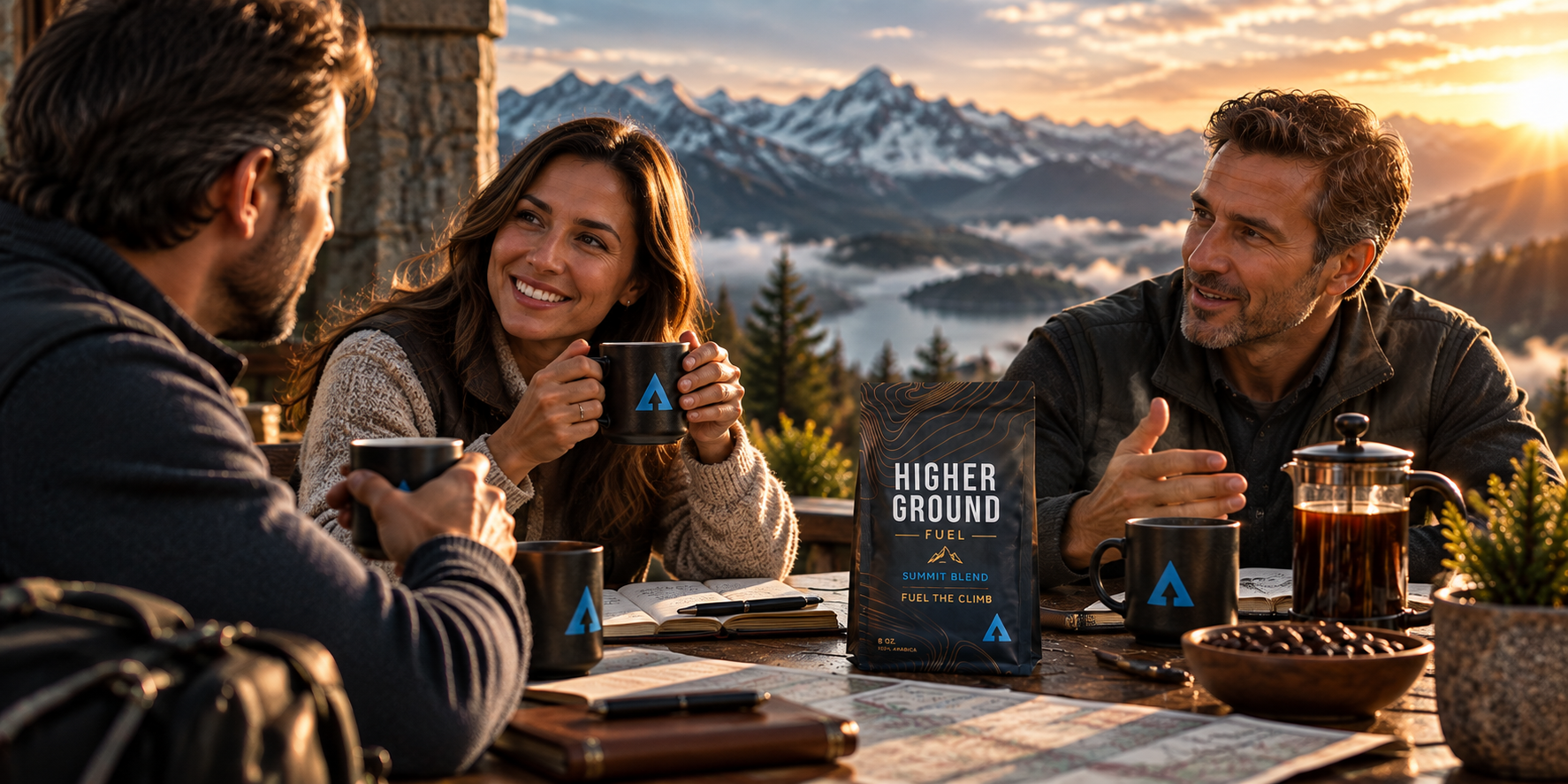Three people in conversation over Higher Ground coffee at a mountain table at sunrise