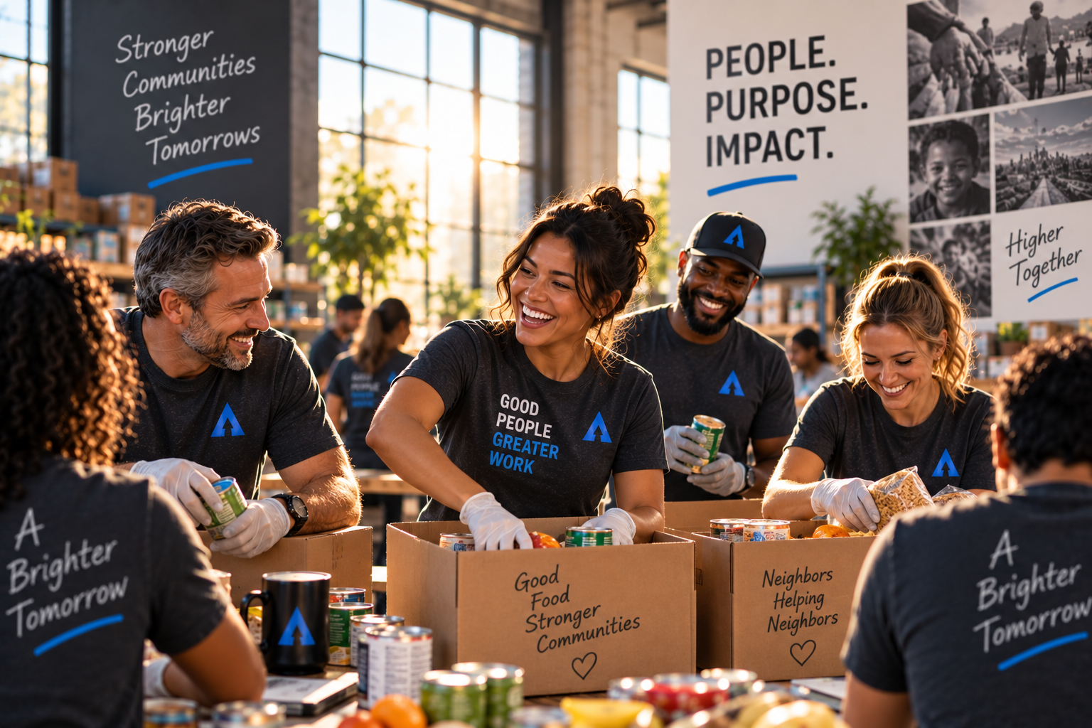 Volunteers packing food boxes together in a community warehouse