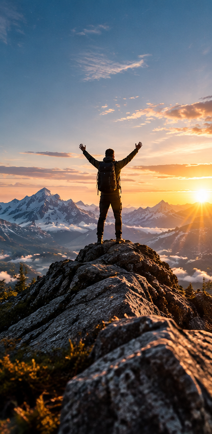 A climber reaching an open summit above the clouds