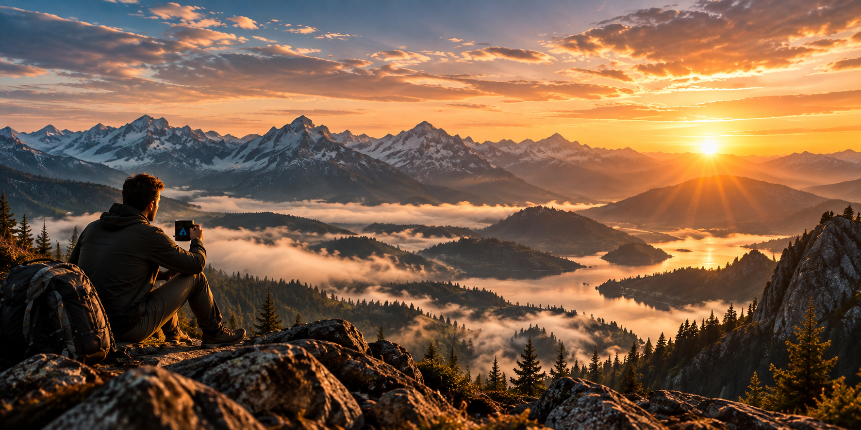 A person with a Higher Ground mug looking out over mountains above the clouds at sunrise